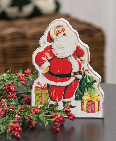 Distressed Jolly Santa & Presents Wooden Sitter